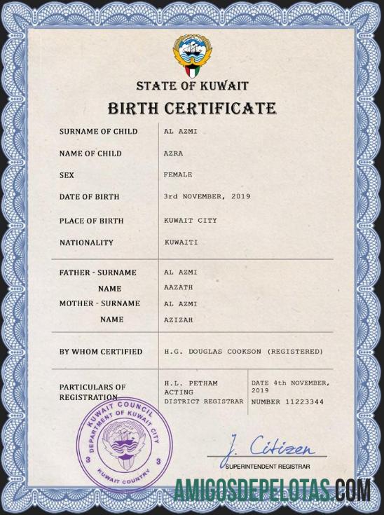 Realista modelo PSD de certidão de nascimento de registro vital do Kuwait